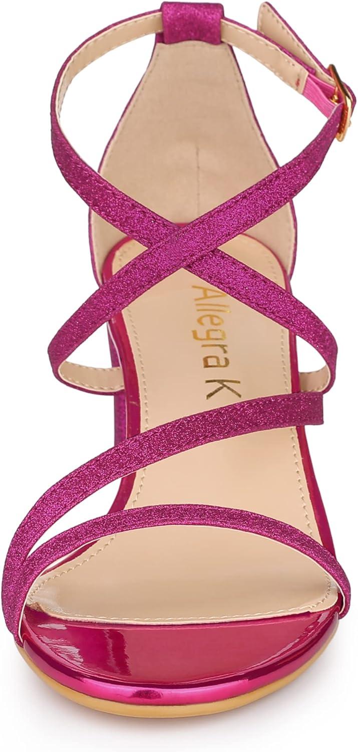 imageAllegra K Womens Glitter Crisscross Strap Chunky Heels SandalsHot Pink