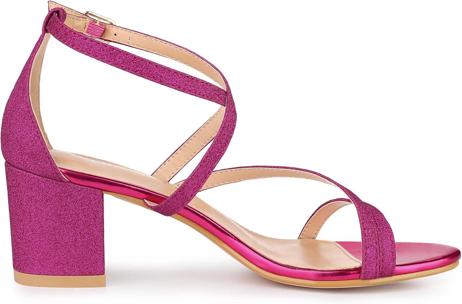 imageAllegra K Womens Glitter Crisscross Strap Chunky Heels SandalsHot Pink