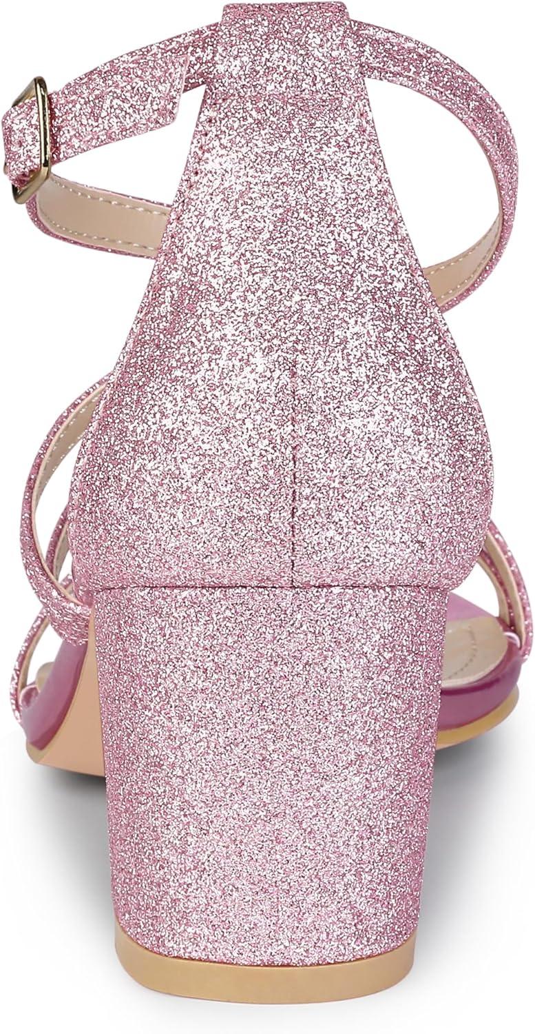 imageAllegra K Womens Glitter Crisscross Strap Chunky Heels SandalsPink