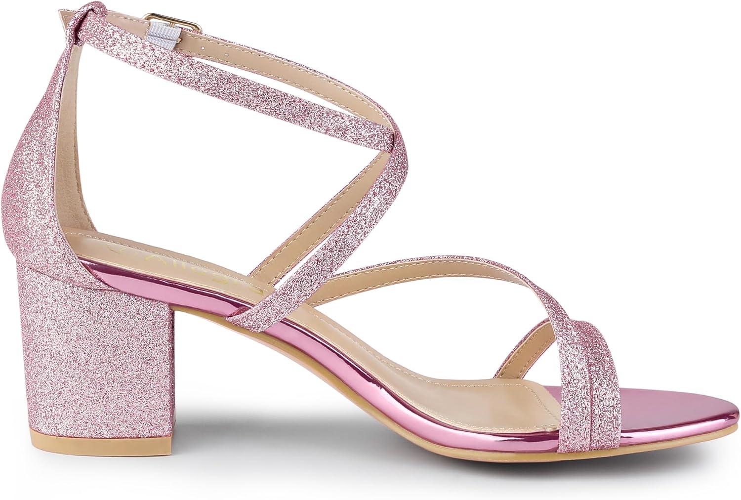imageAllegra K Womens Glitter Crisscross Strap Chunky Heels SandalsPink