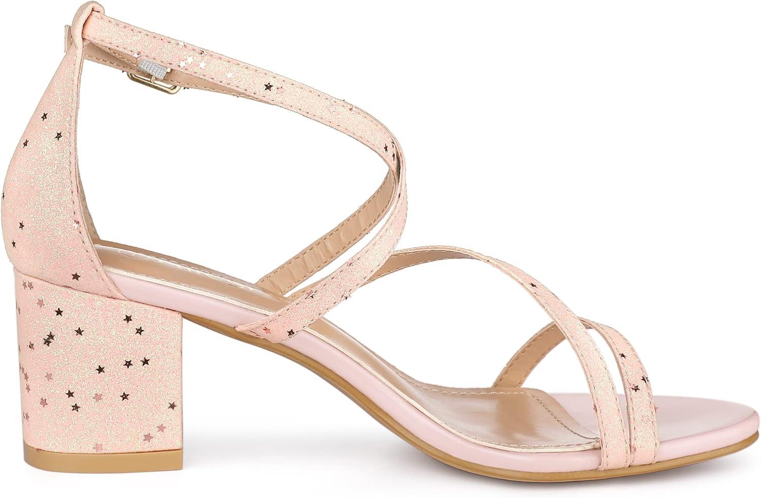 imageAllegra K Womens Glitter Crisscross Strap Chunky Heels SandalsPink Stars