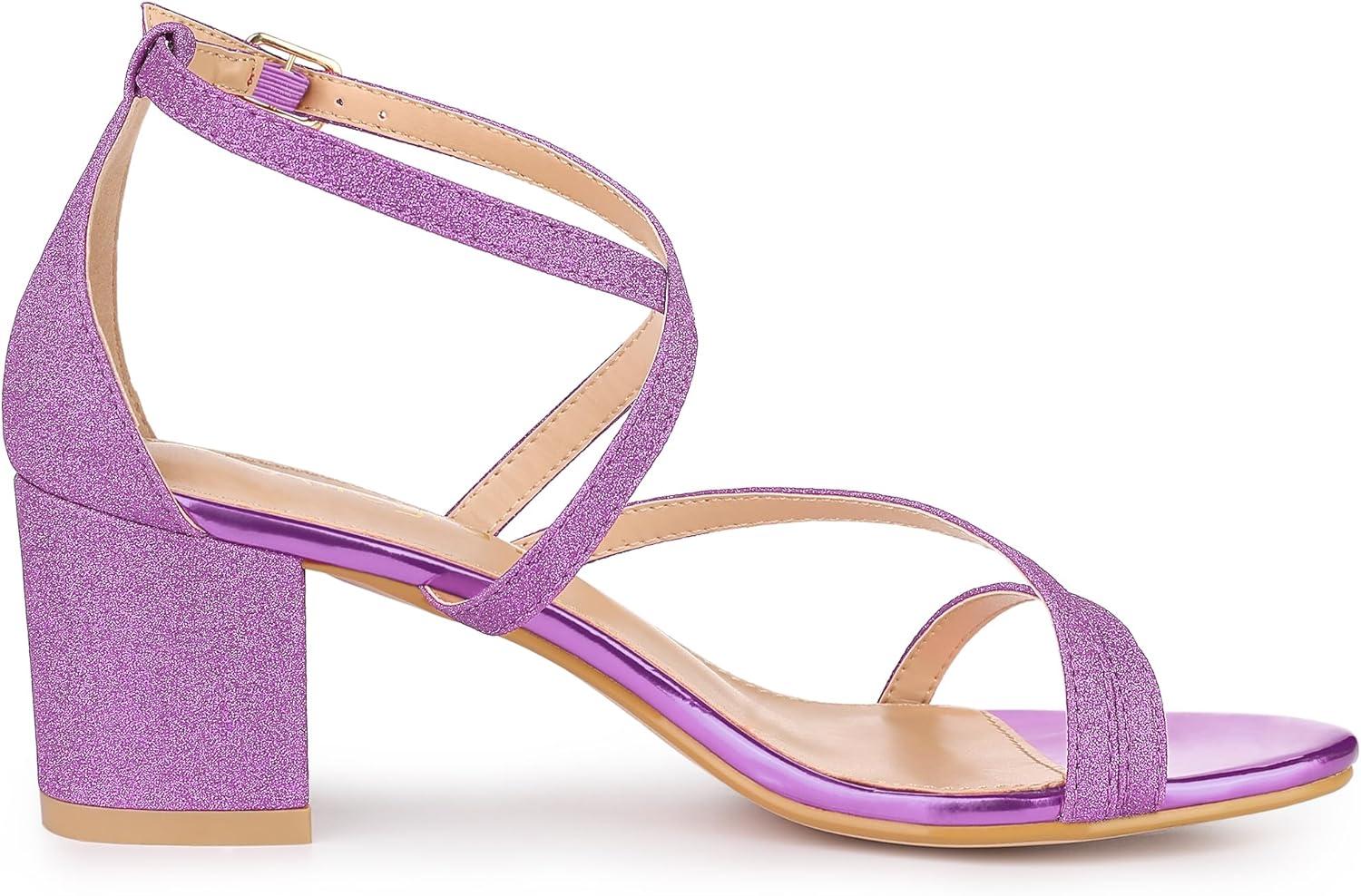 imageAllegra K Womens Glitter Crisscross Strap Chunky Heels SandalsPurple