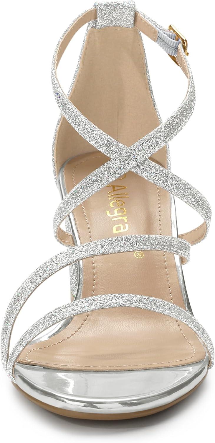 imageAllegra K Womens Glitter Crisscross Strap Chunky Heels SandalsSilver