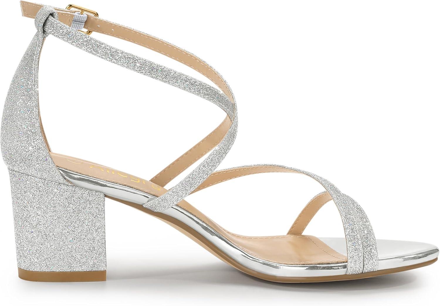 imageAllegra K Womens Glitter Crisscross Strap Chunky Heels SandalsSilver