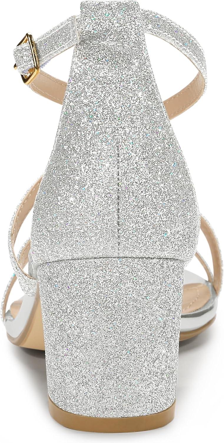 imageAllegra K Womens Glitter Crisscross Strap Chunky Heels SandalsSilver