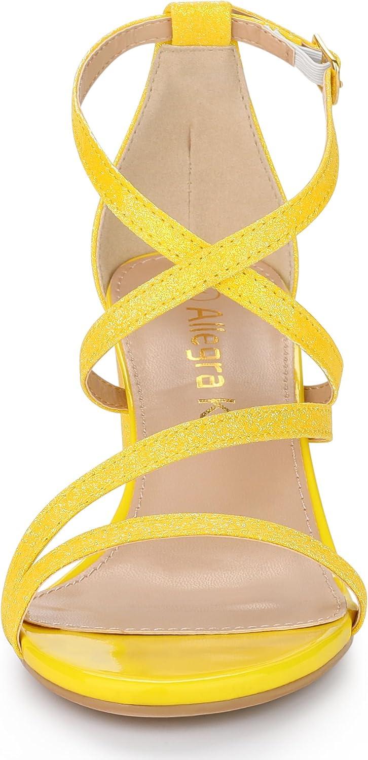 imageAllegra K Womens Glitter Crisscross Strap Chunky Heels SandalsYellow