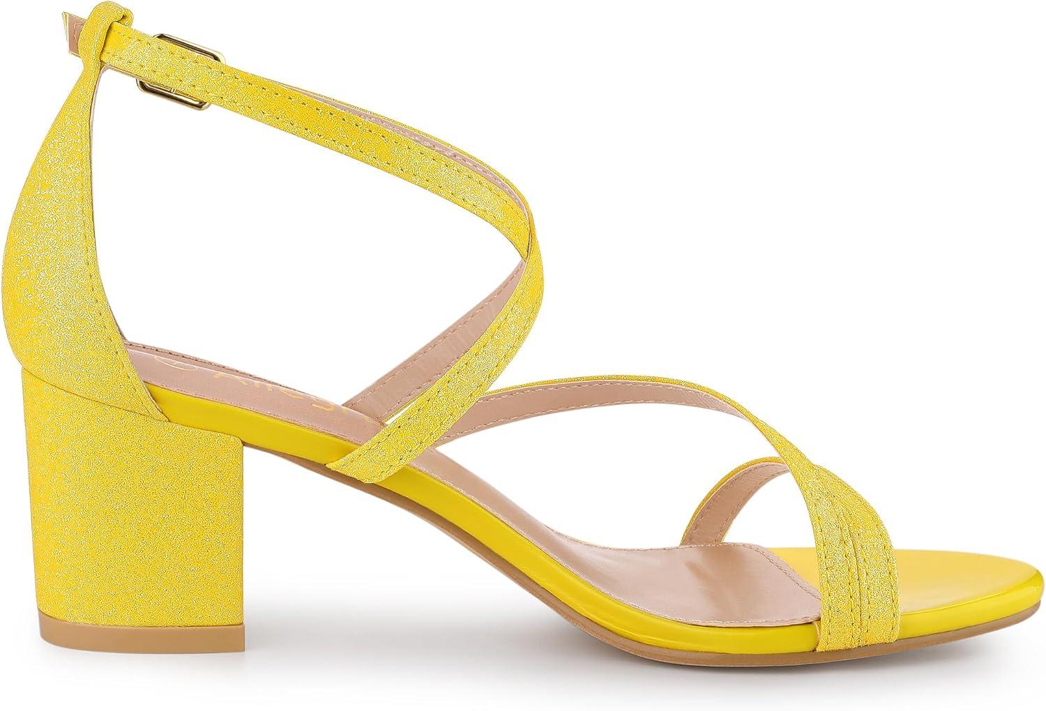 imageAllegra K Womens Glitter Crisscross Strap Chunky Heels SandalsYellow