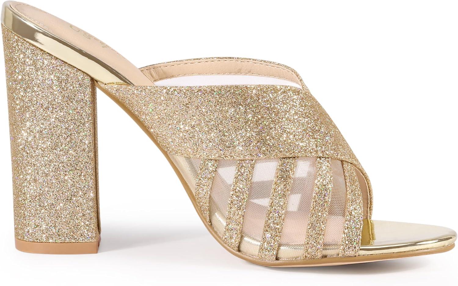 imageAllegra K Womens Glitter Mesh Slip on Chunky Heel Slide SandalsGold