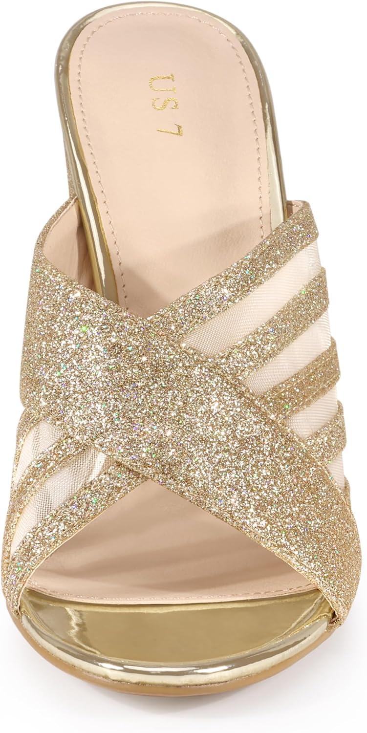 imageAllegra K Womens Glitter Mesh Slip on Chunky Heel Slide SandalsGold