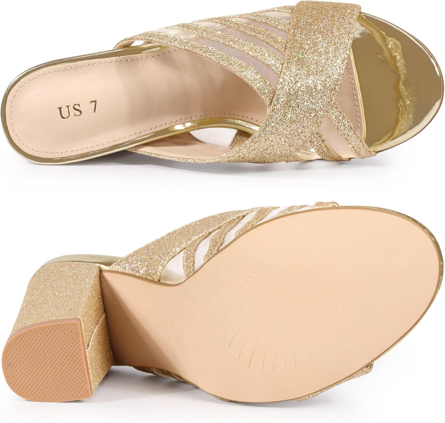 imageAllegra K Womens Glitter Mesh Slip on Chunky Heel Slide SandalsGold