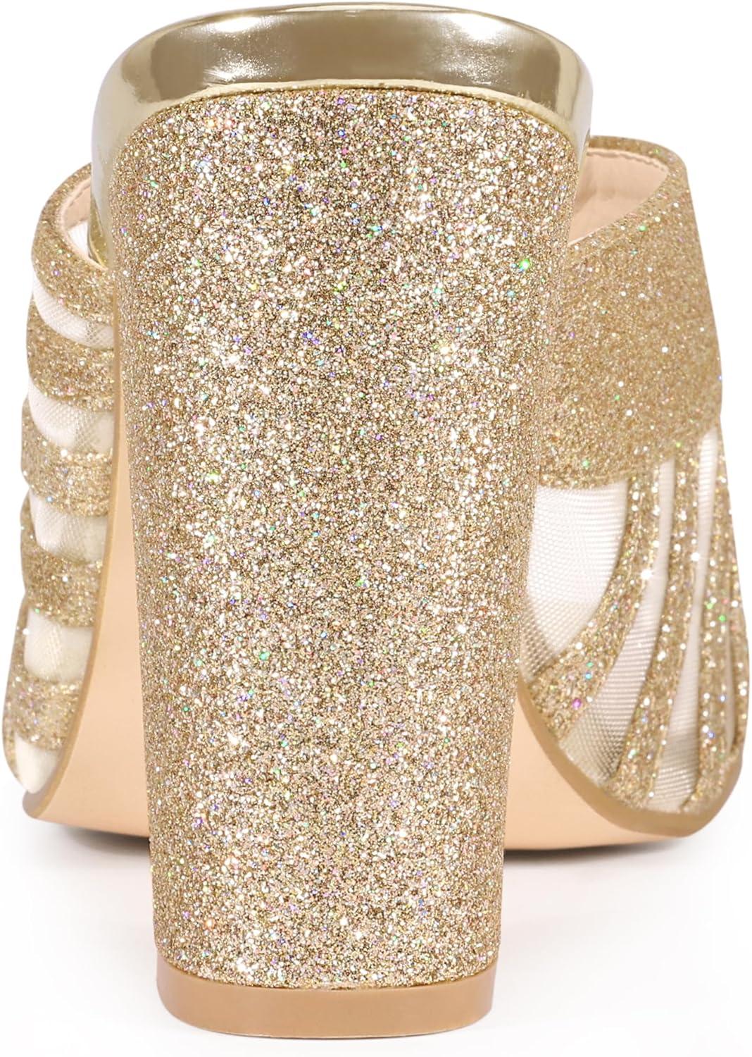 imageAllegra K Womens Glitter Mesh Slip on Chunky Heel Slide SandalsGold