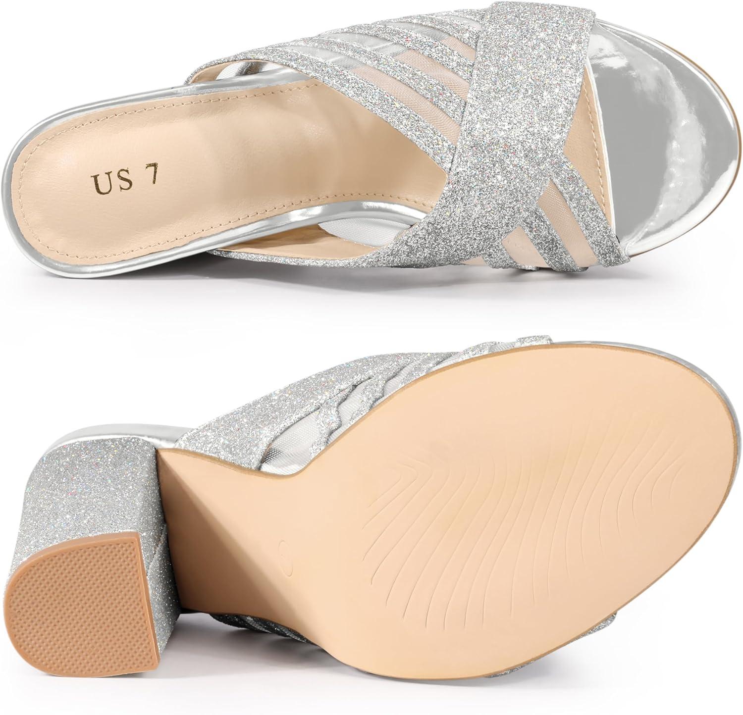 imageAllegra K Womens Glitter Mesh Slip on Chunky Heel Slide SandalsSilver