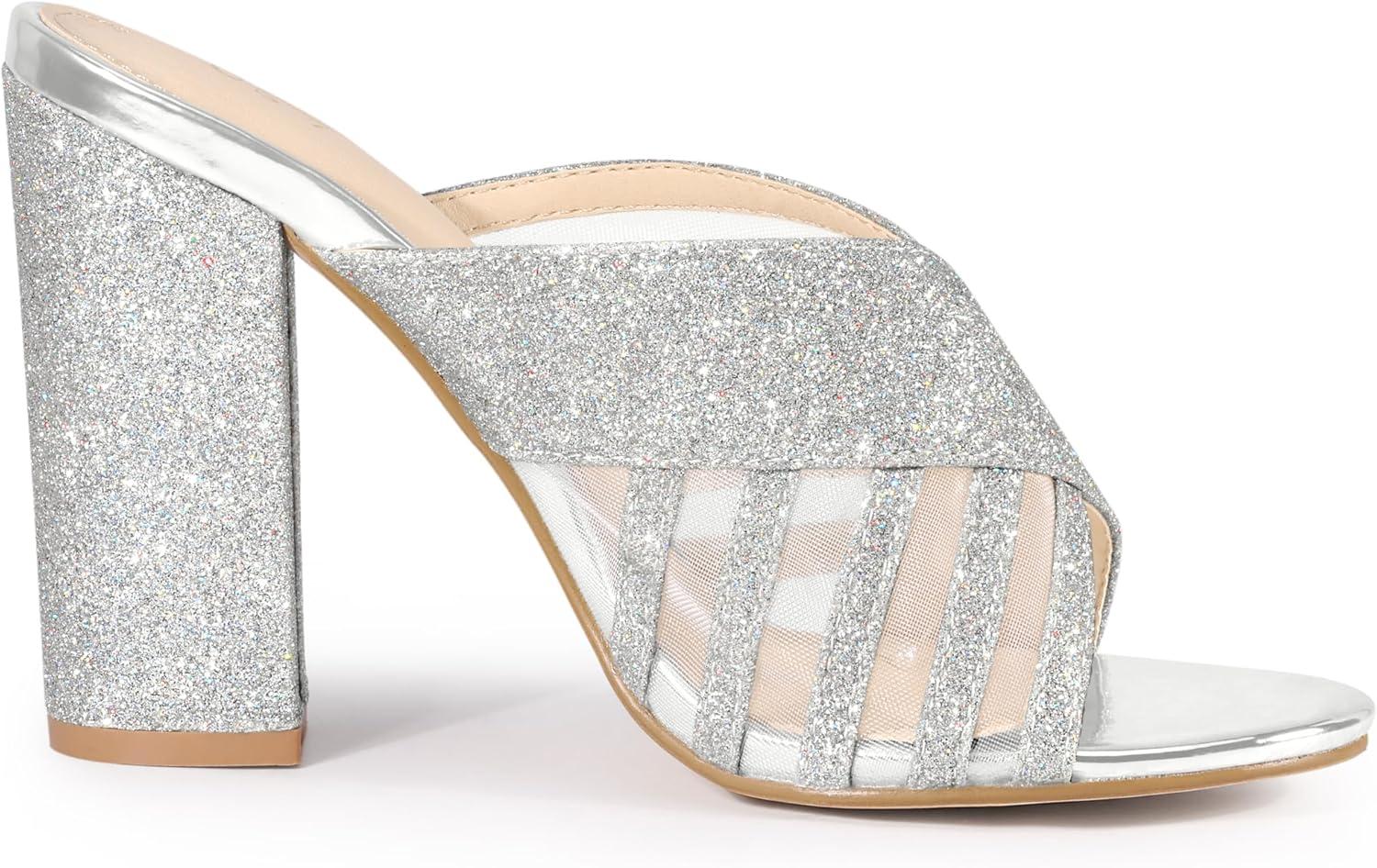 imageAllegra K Womens Glitter Mesh Slip on Chunky Heel Slide SandalsSilver