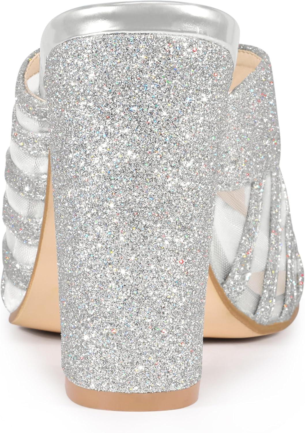 imageAllegra K Womens Glitter Mesh Slip on Chunky Heel Slide SandalsSilver