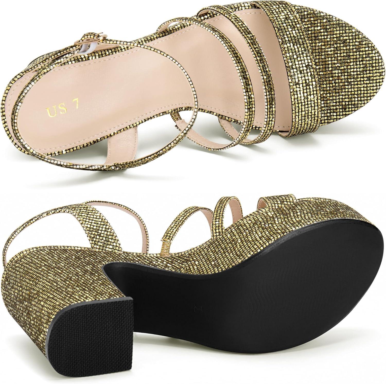 imageAllegra K Womens Glitter Sparkly Strappy Platform Chunky Heels SandalsGlitter Gold