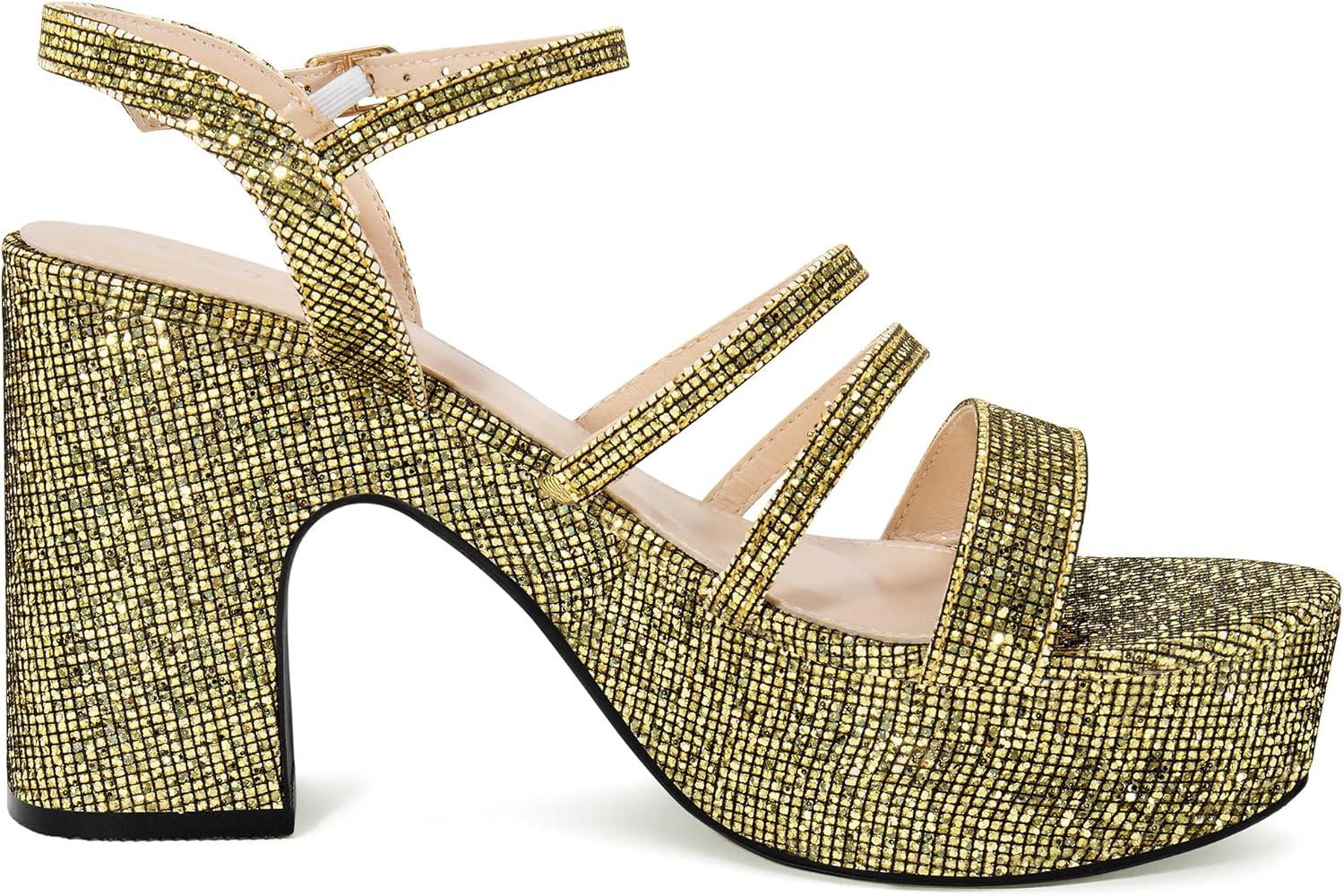 imageAllegra K Womens Glitter Sparkly Strappy Platform Chunky Heels SandalsGlitter Gold