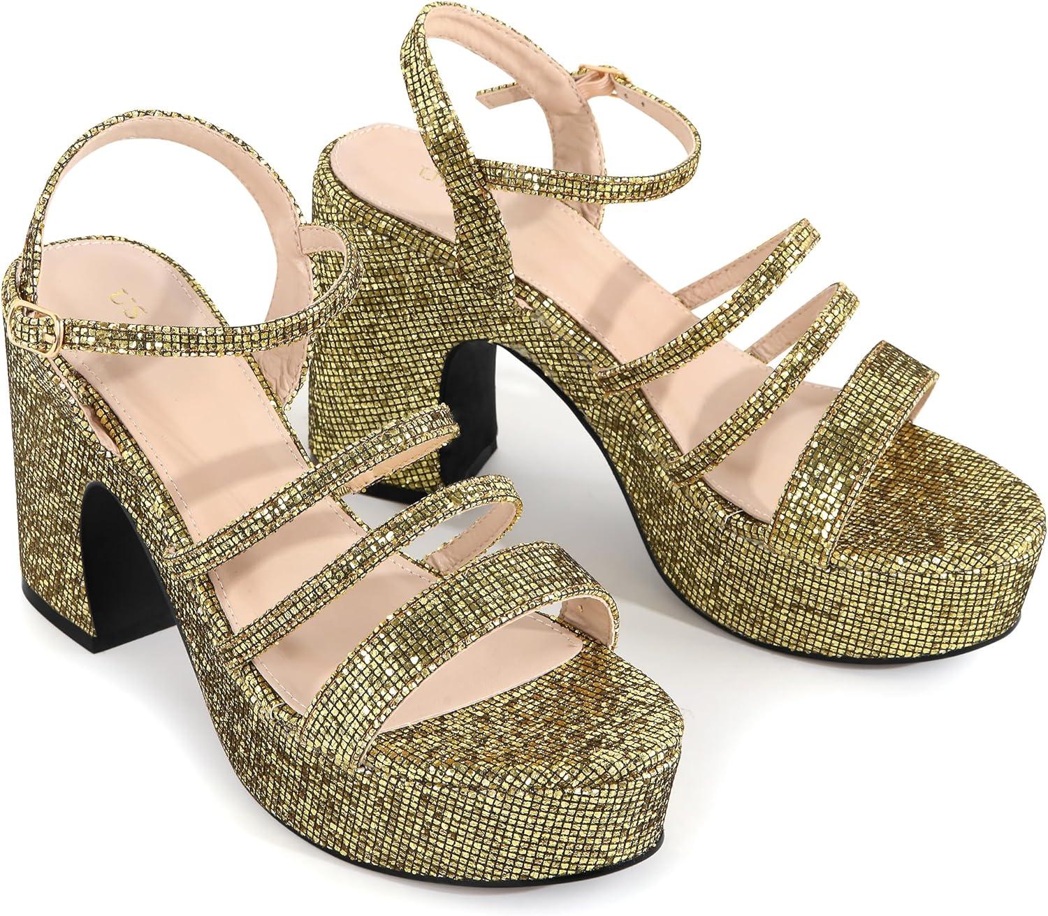 imageAllegra K Womens Glitter Sparkly Strappy Platform Chunky Heels SandalsGlitter Gold