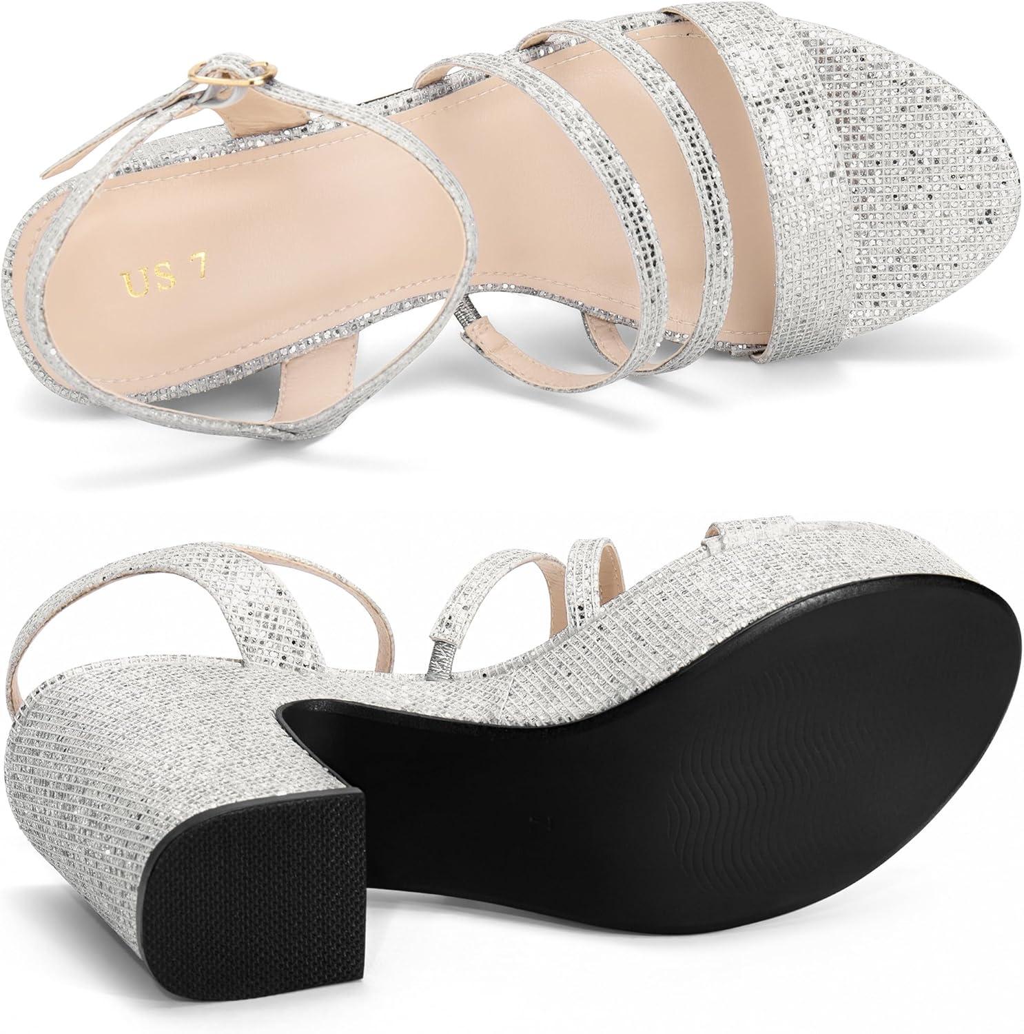 imageAllegra K Womens Glitter Sparkly Strappy Platform Chunky Heels SandalsGlitter Silver