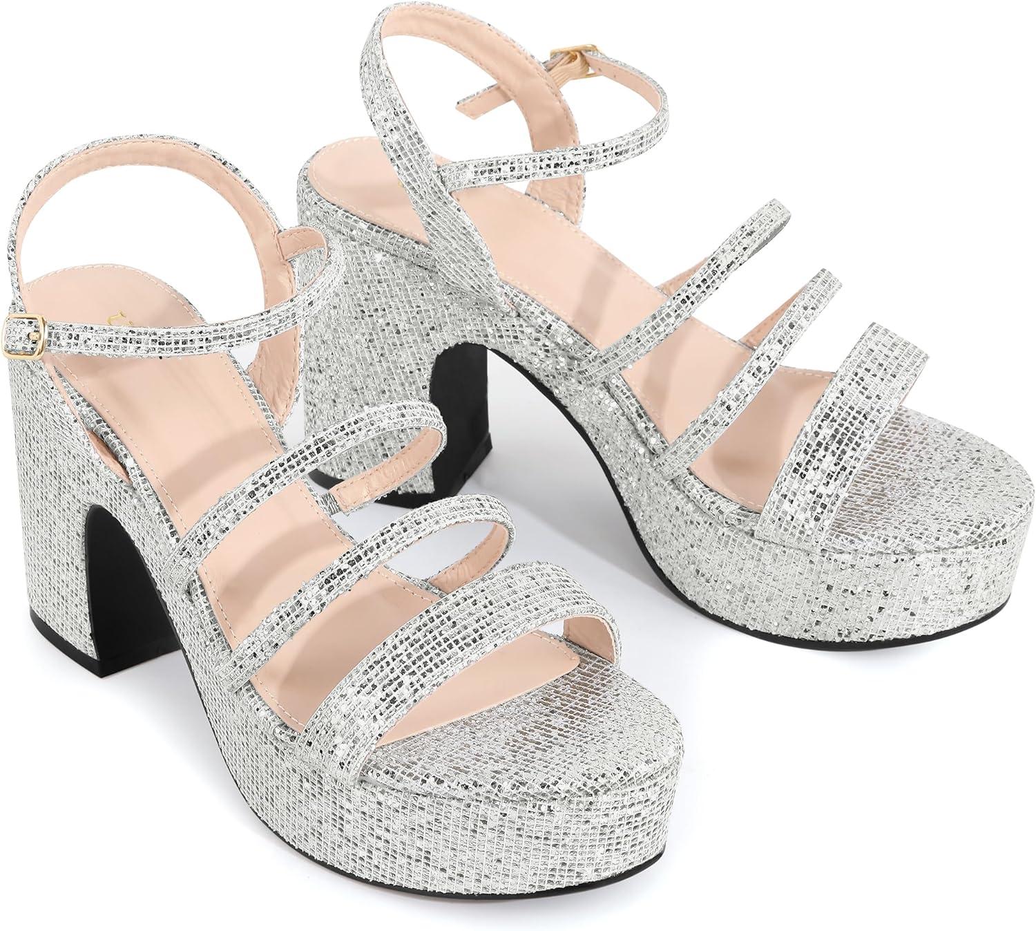 imageAllegra K Womens Glitter Sparkly Strappy Platform Chunky Heels SandalsGlitter Silver