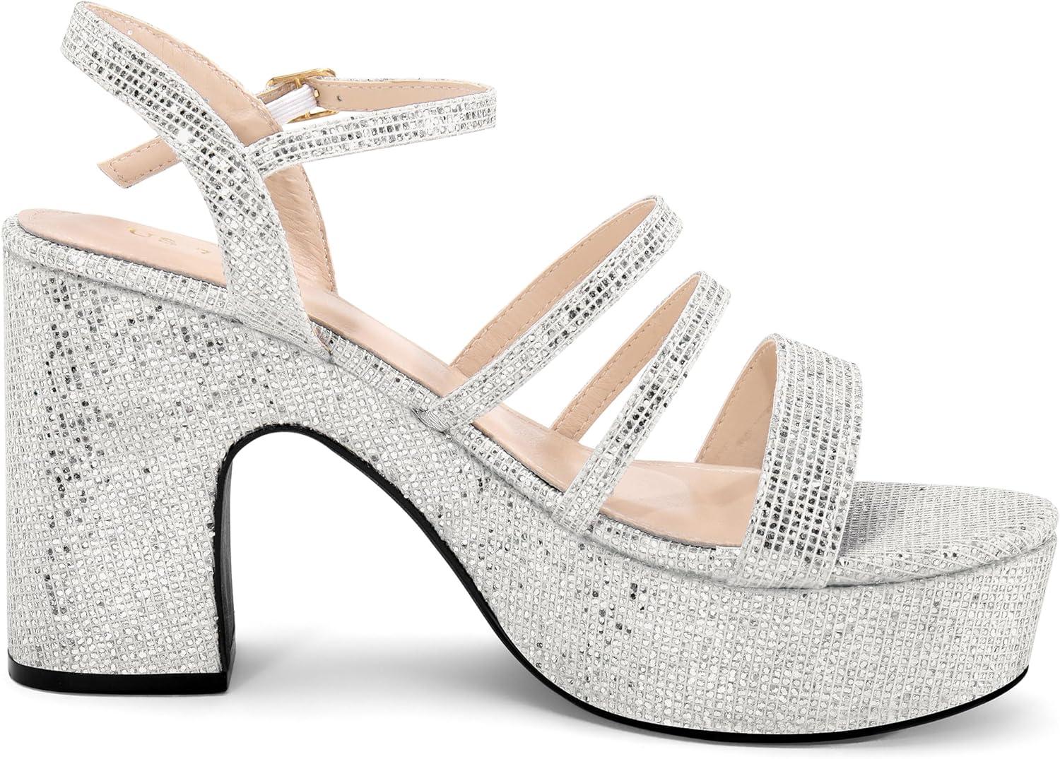 imageAllegra K Womens Glitter Sparkly Strappy Platform Chunky Heels SandalsGlitter Silver