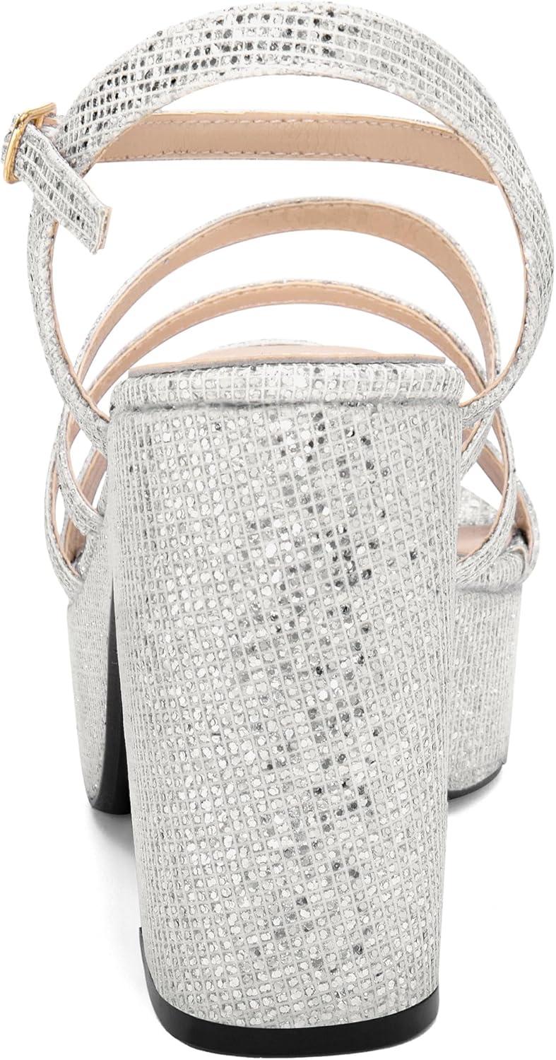 imageAllegra K Womens Glitter Sparkly Strappy Platform Chunky Heels SandalsGlitter Silver