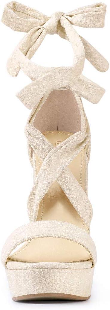 imageAllegra K Womens Lace Up Platform Block Heel SandalsBeige