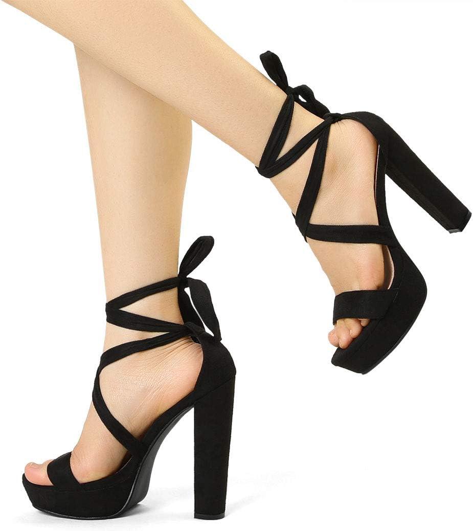 imageAllegra K Womens Lace Up Platform Block Heel SandalsBlack