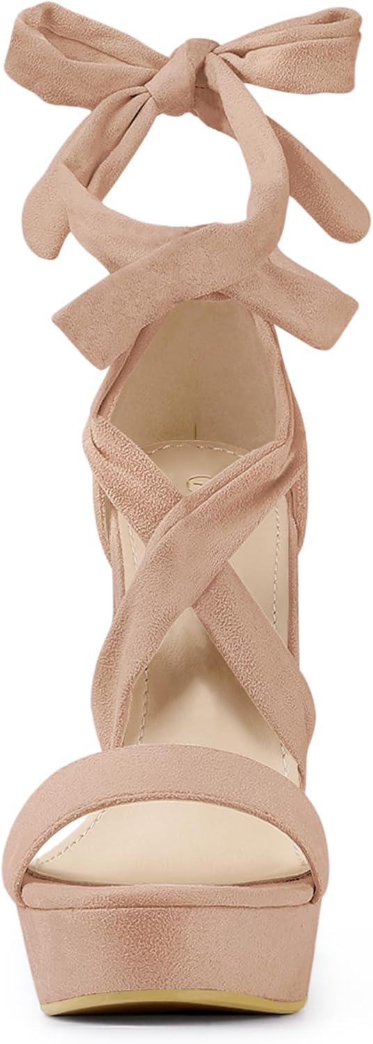 imageAllegra K Womens Lace Up Platform Block Heel SandalsNude