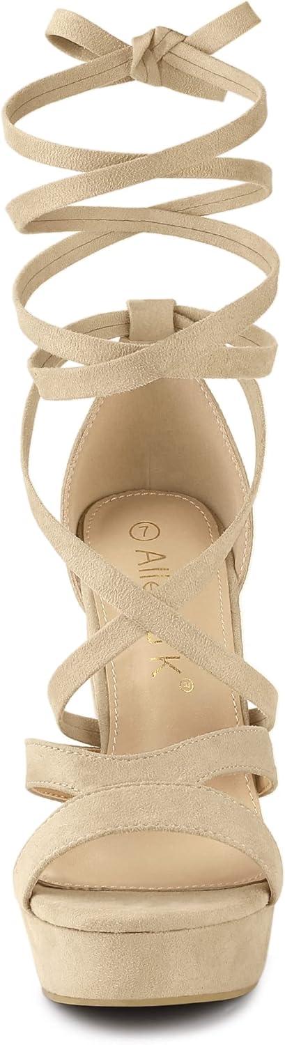 imageAllegra K Womens Lace Up Platform Chunky High Heels SandalsBeige