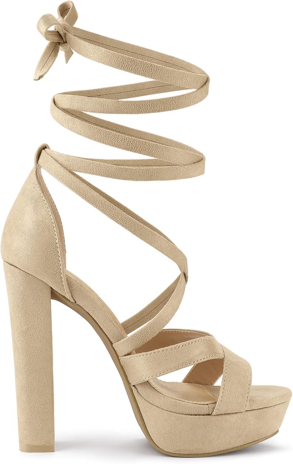 imageAllegra K Womens Lace Up Platform Chunky High Heels SandalsBeige