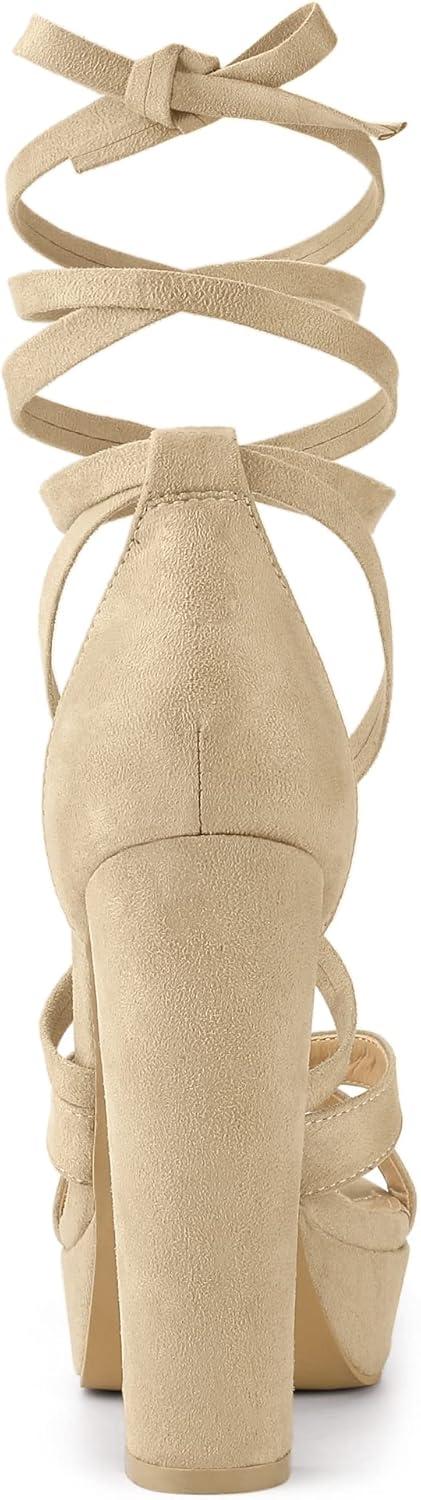 imageAllegra K Womens Lace Up Platform Chunky High Heels SandalsBeige