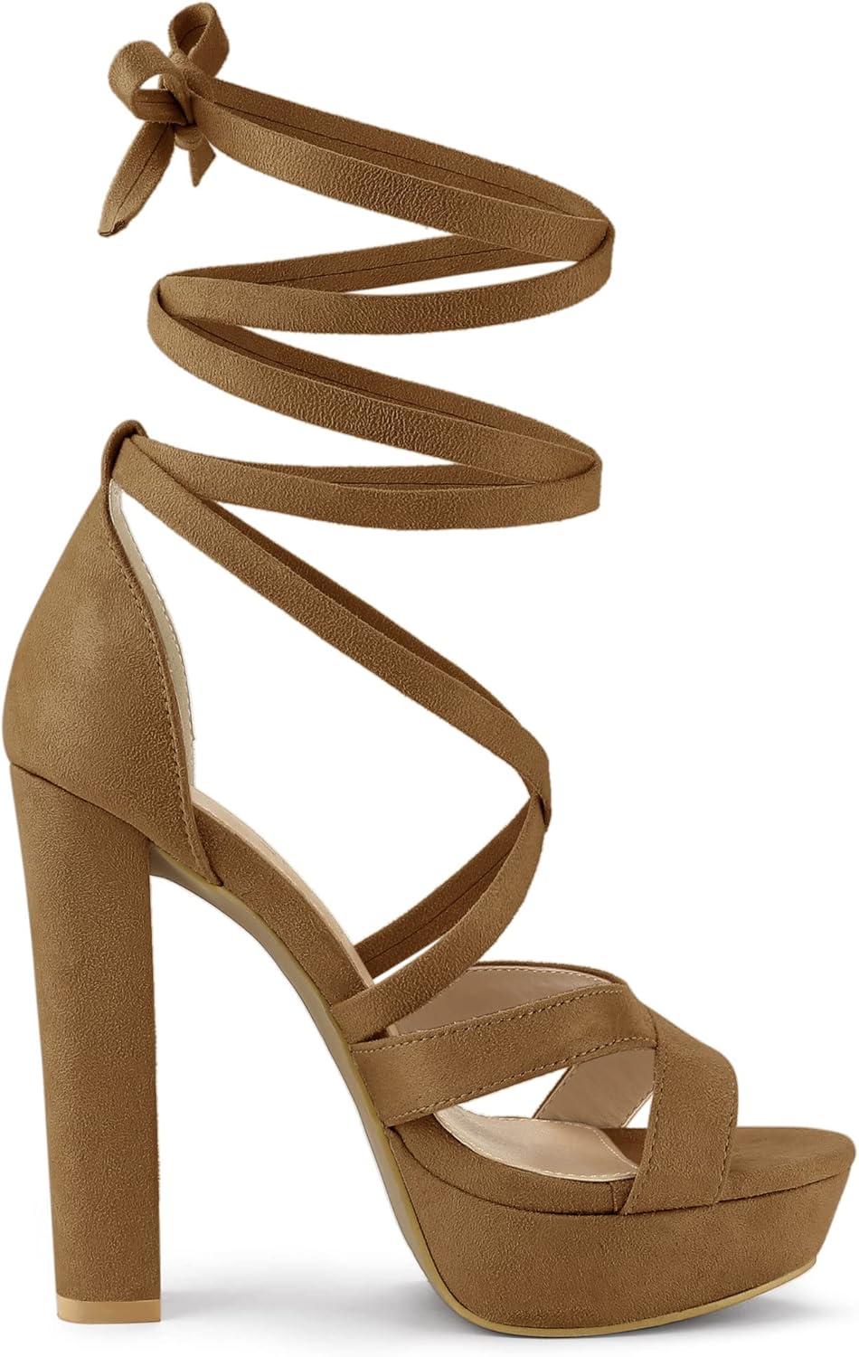 imageAllegra K Womens Lace Up Platform Chunky High Heels SandalsBrown