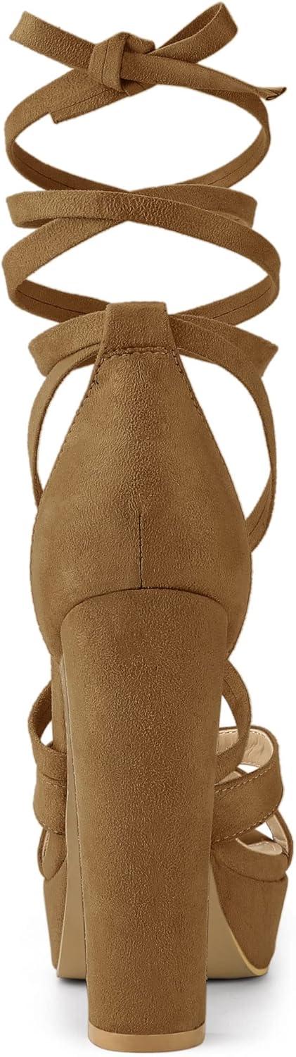 imageAllegra K Womens Lace Up Platform Chunky High Heels SandalsBrown