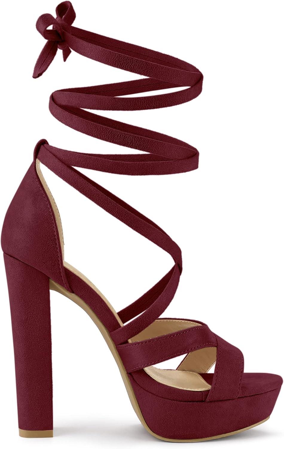 imageAllegra K Womens Lace Up Platform Chunky High Heels SandalsBurgundy
