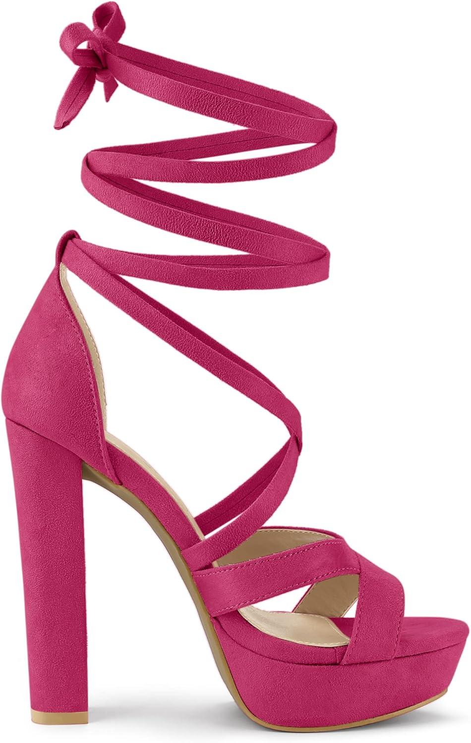 imageAllegra K Womens Lace Up Platform Chunky High Heels SandalsHot Pink