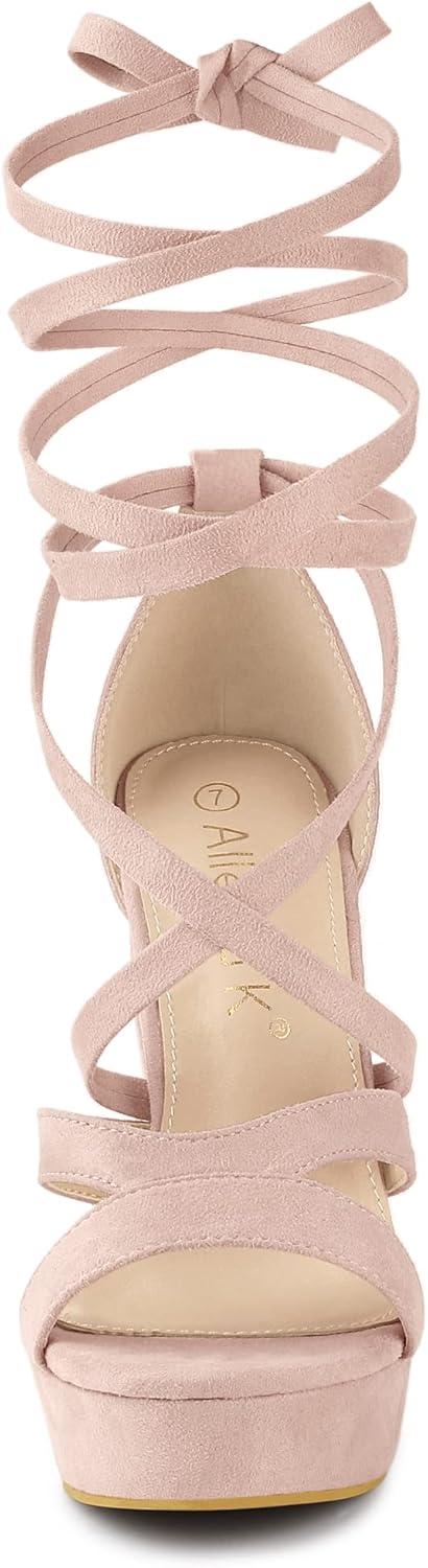 imageAllegra K Womens Lace Up Platform Chunky High Heels SandalsPink