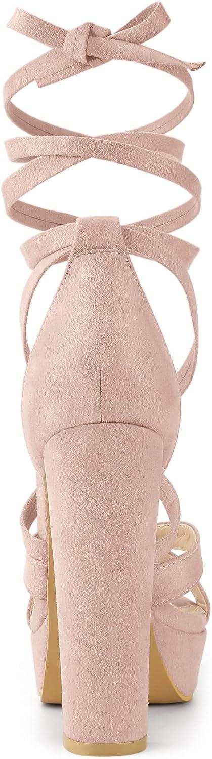 imageAllegra K Womens Lace Up Platform Chunky High Heels SandalsPink