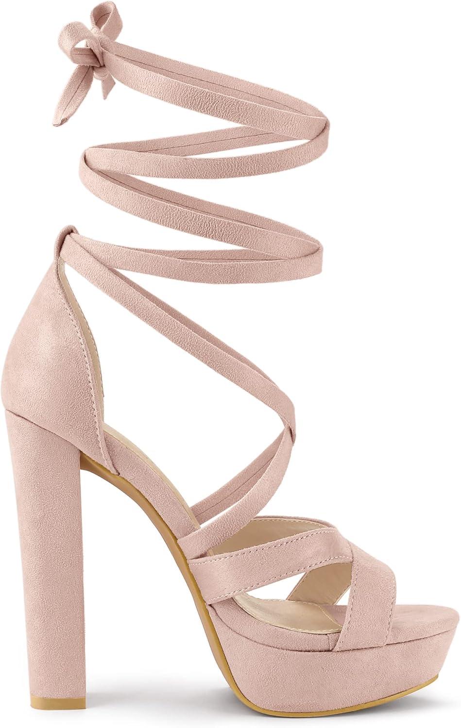 imageAllegra K Womens Lace Up Platform Chunky High Heels SandalsPink