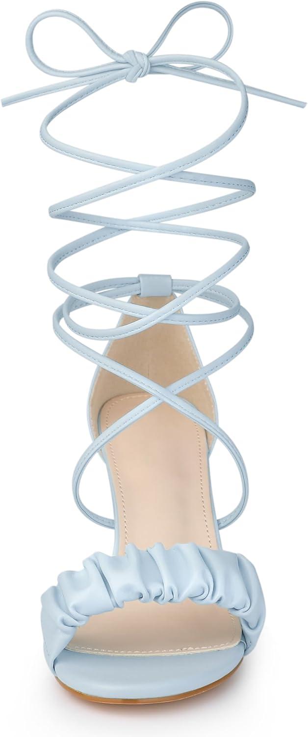 imageAllegra K Womens Lace Up Ruched Strap Chunky Heels Strappy SandalsLight Blue