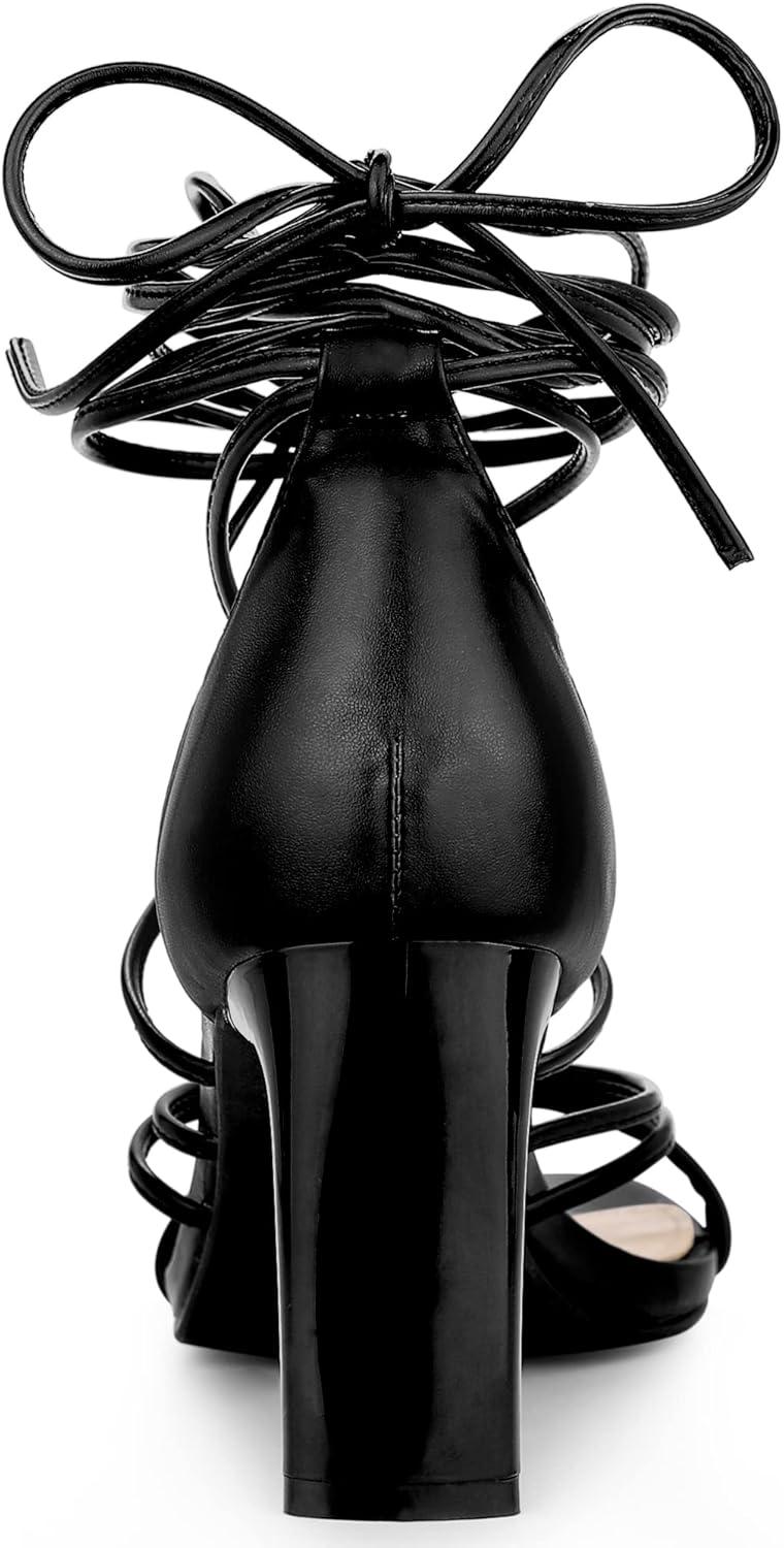 imageAllegra K Womens Lace Up Strappy Chunky High Heels SandalsBlack