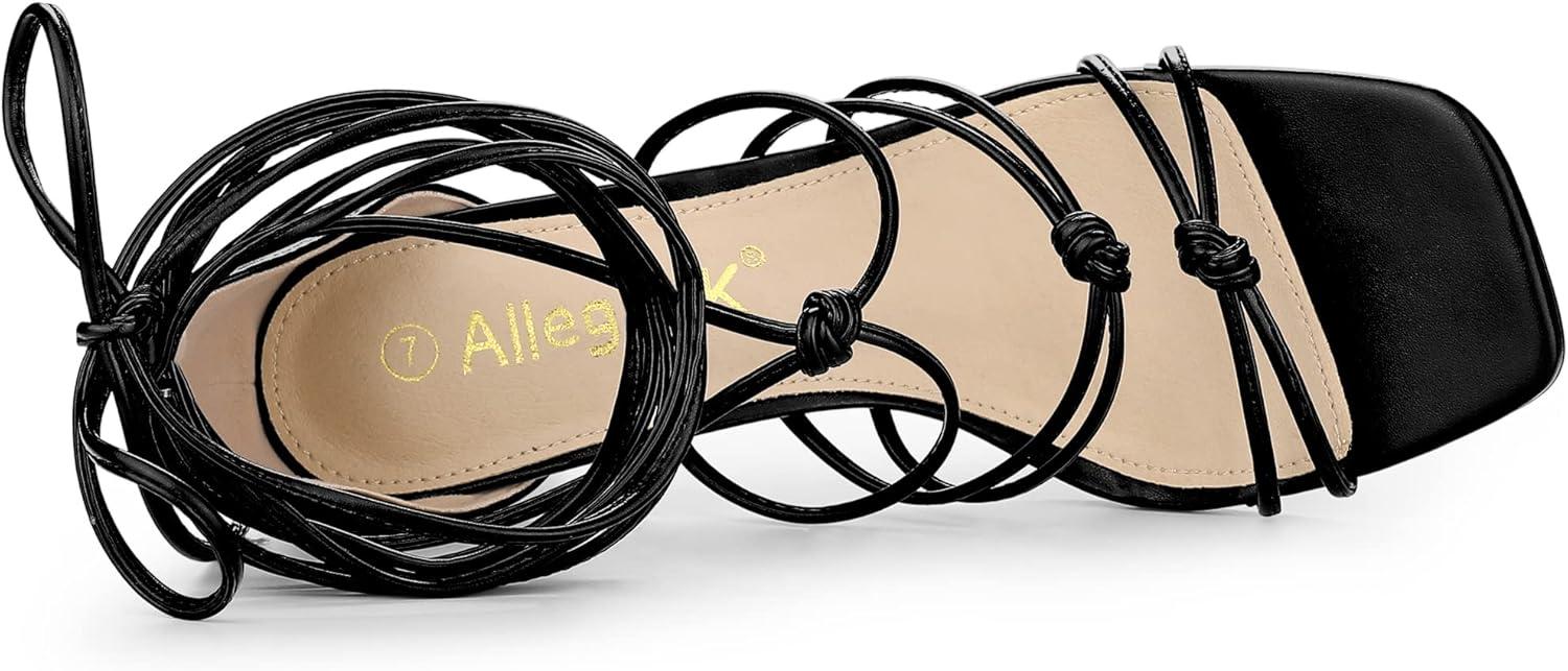 imageAllegra K Womens Lace Up Strappy Chunky High Heels SandalsBlack