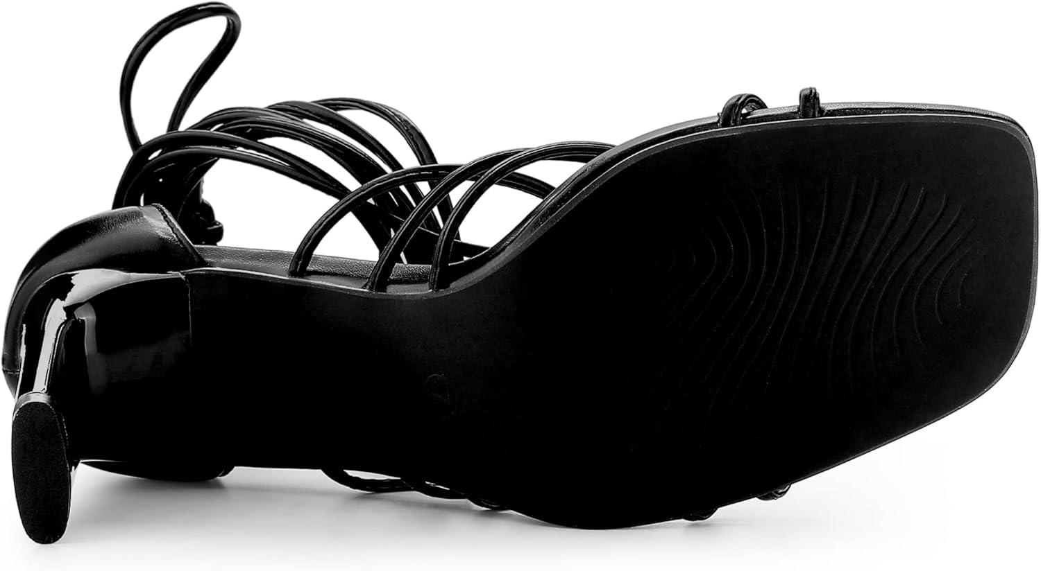 imageAllegra K Womens Lace Up Strappy Chunky High Heels SandalsBlack