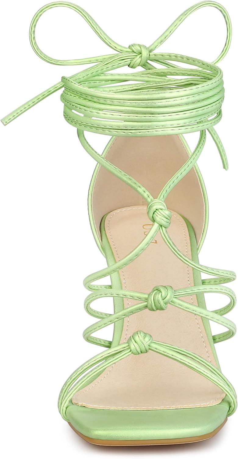 imageAllegra K Womens Lace Up Strappy Chunky High Heels SandalsLime Green
