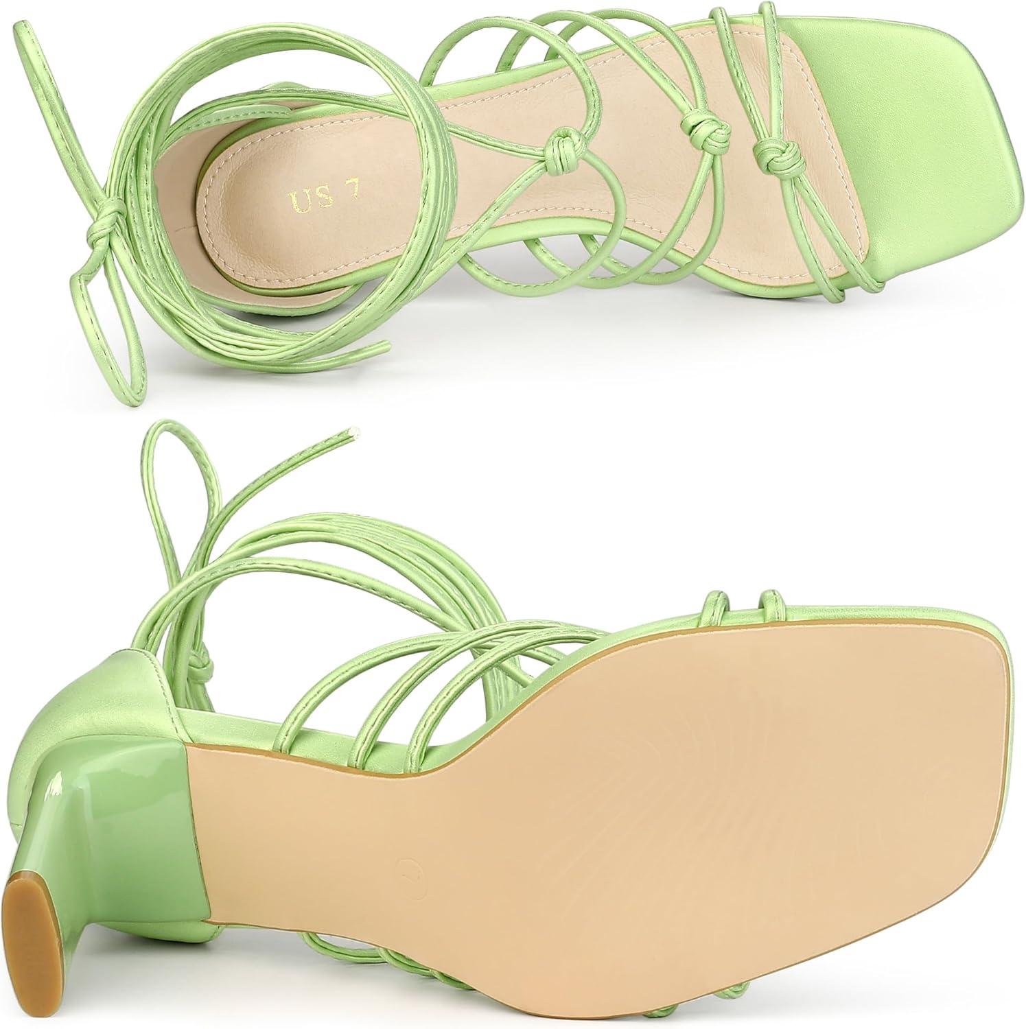 imageAllegra K Womens Lace Up Strappy Chunky High Heels SandalsLime Green