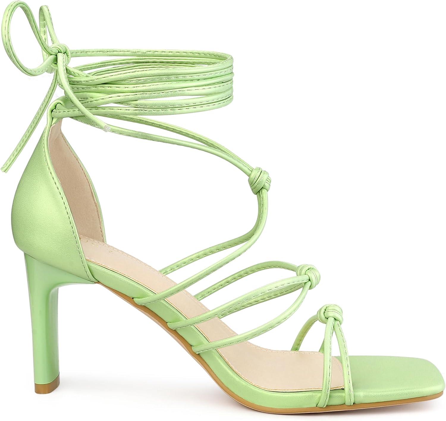imageAllegra K Womens Lace Up Strappy Chunky High Heels SandalsLime Green