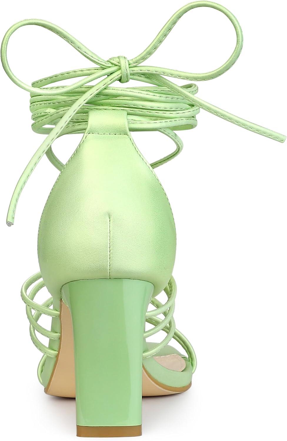 imageAllegra K Womens Lace Up Strappy Chunky High Heels SandalsLime Green