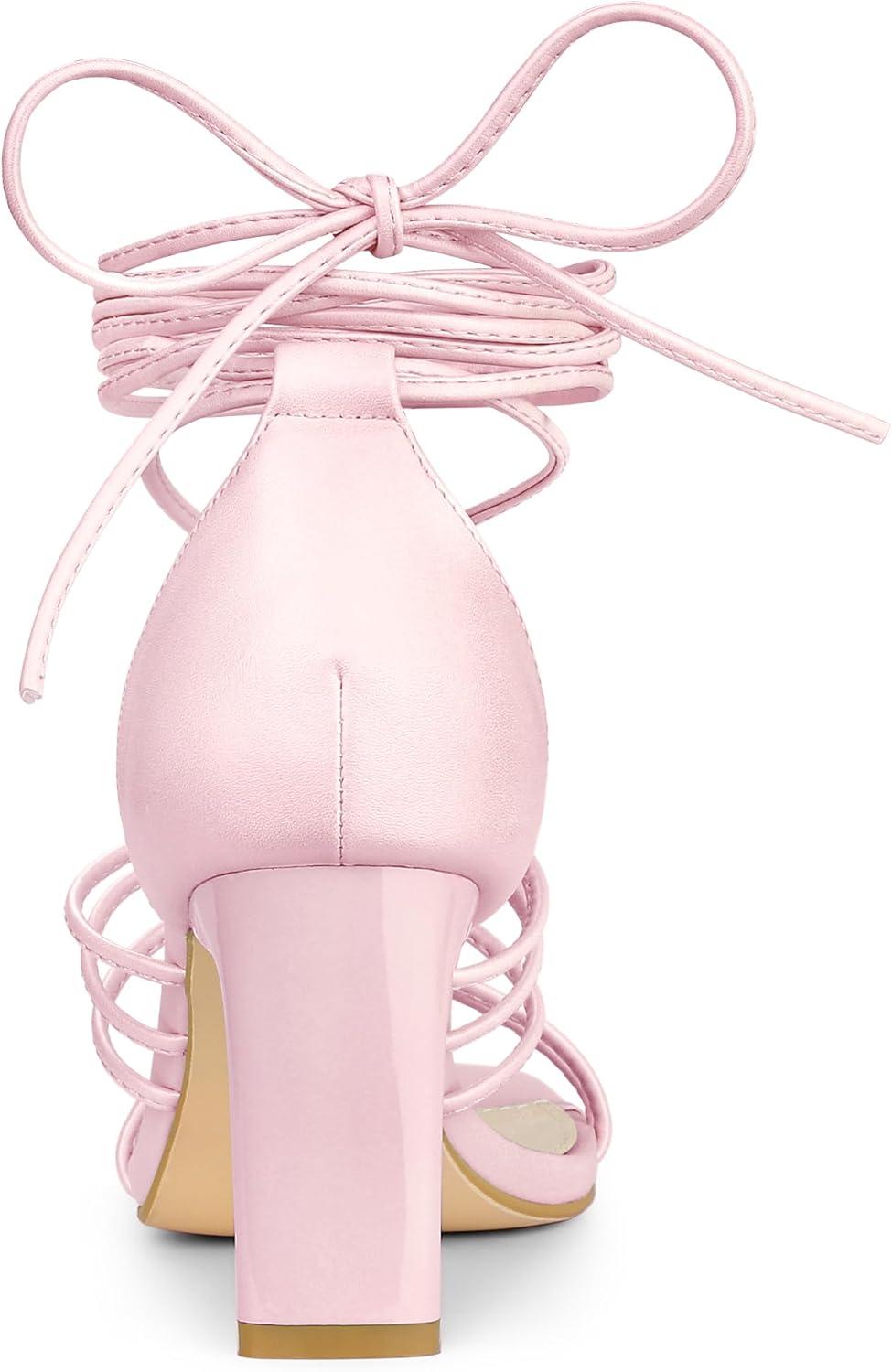 imageAllegra K Womens Lace Up Strappy Chunky High Heels SandalsPink