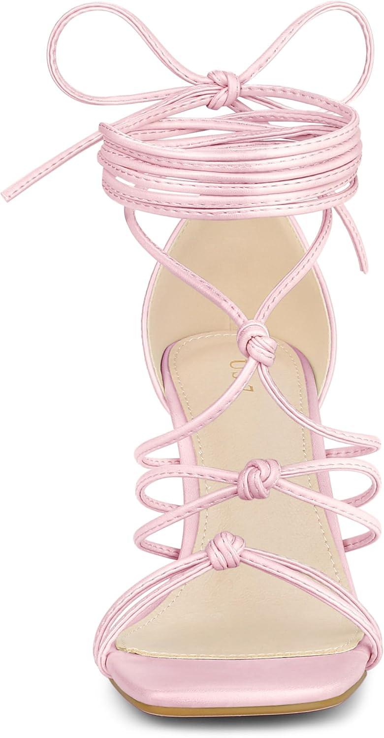 imageAllegra K Womens Lace Up Strappy Chunky High Heels SandalsPink