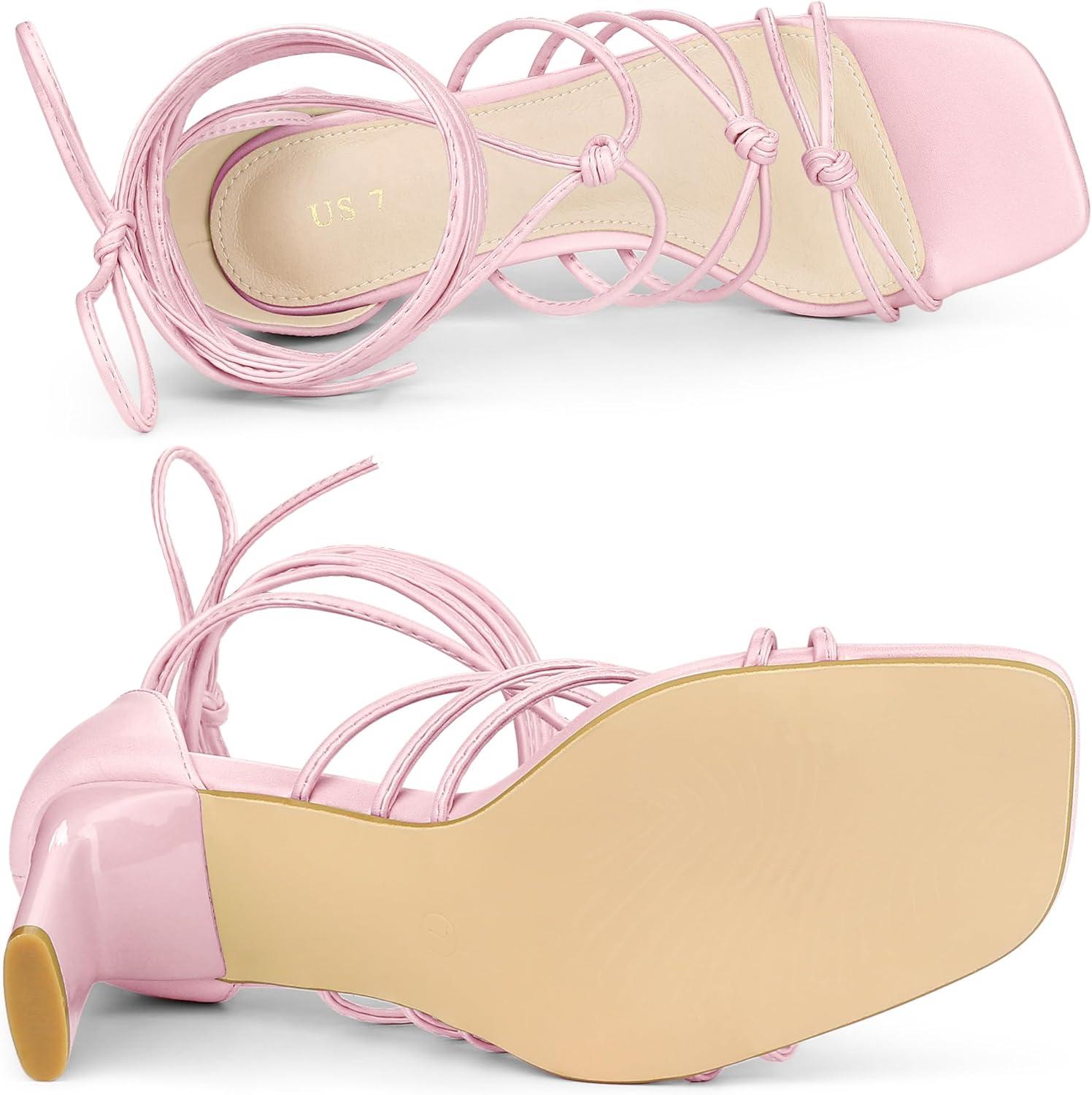 imageAllegra K Womens Lace Up Strappy Chunky High Heels SandalsPink