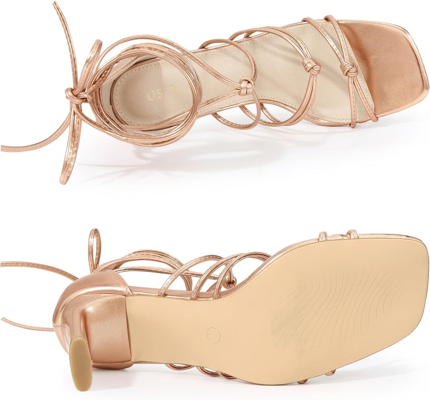 imageAllegra K Womens Lace Up Strappy Chunky High Heels SandalsRose Gold